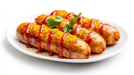 Delicious German Currywurst Sausages Served with Sauces and Spices