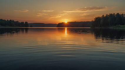 Naklejka premium Peaceful sunset over a calm lake with calm air and serene atmosphere