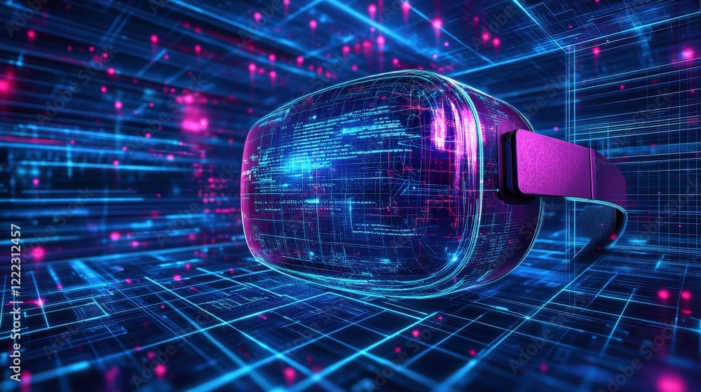 Poster conceptual representation of virtual reality technology with headset and digital graphics on display