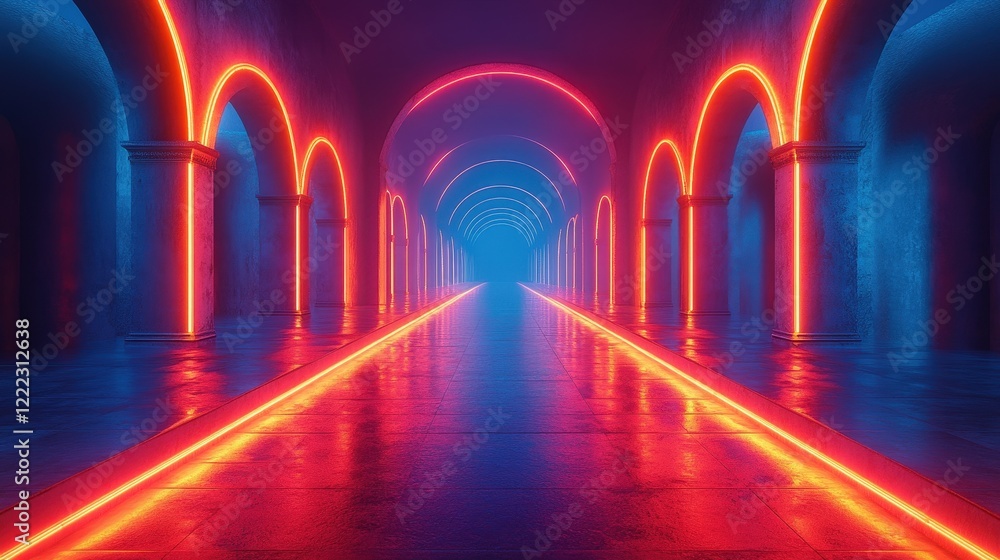 Aufkleber long tunnel illuminated with colorful neon lights creating a vibrant and dynamic atmosphere