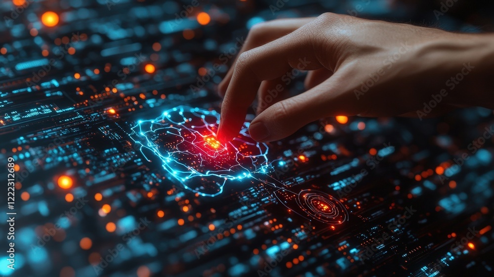 Poster hand touching circuit board with illuminated red light in a technology setting