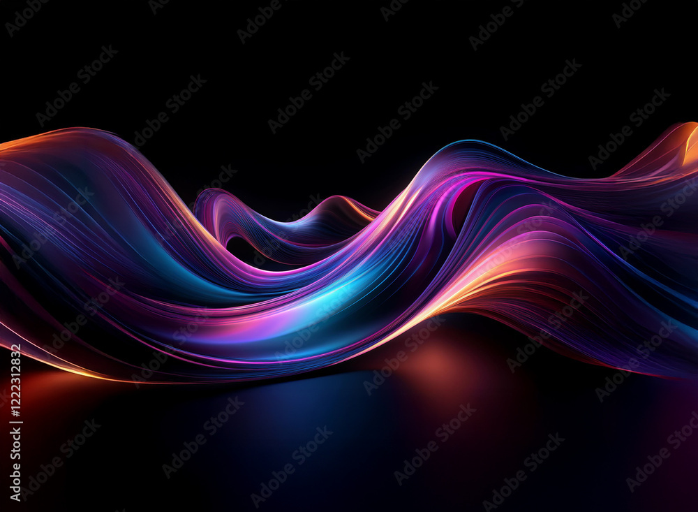 Poster abstract image of vibrant, flowing, iridescent waves against a dark background. the dynamic curves a