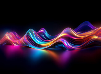 Vibrant, iridescent waves flow across a dark, reflective surface. The fluid, luminous forms create a captivating, abstract landscape.