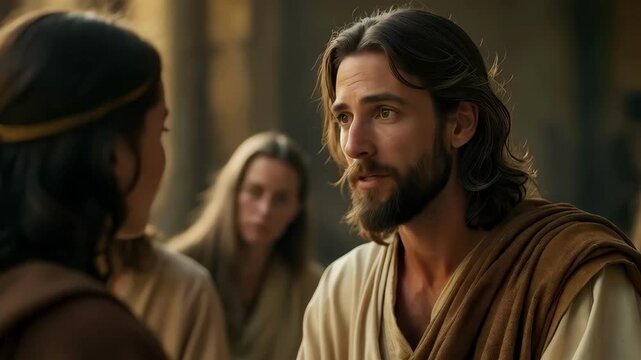 Jesus, in a simple yet dignified garment, calmly addressing his disciples. Bible stories. Easter resurrection holiday.