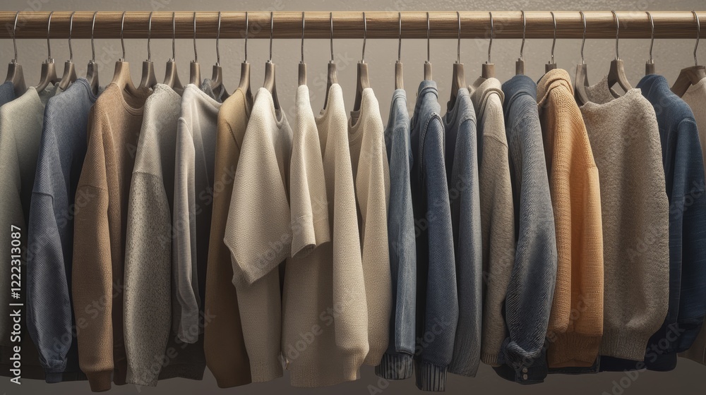 Poster a neatly arranged display of various sweaters hanging on a rack, showcasing different colors and tex