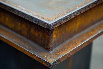 Obraz premium A rusty steel surface with textured layers and sharp corners, showcasing industrial aesthetics and weathered materials