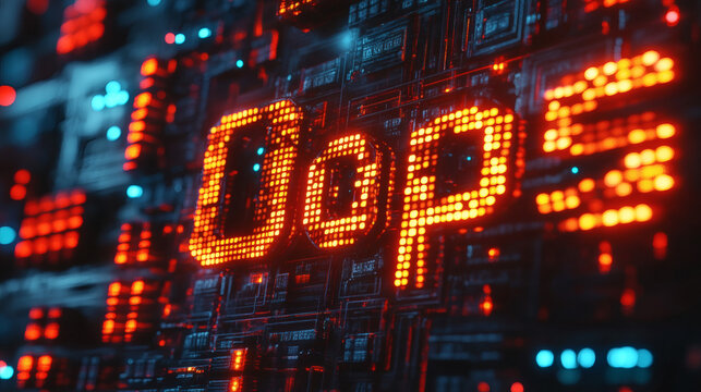 Close-up of digital error code displayed on a futuristic screen, highlighting a cyber error in a complex system.
