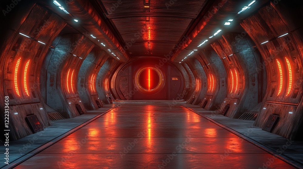 Poster tunnel with red light at the end creating a mysterious atmosphere in dark environment
