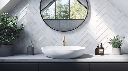 modern bathroom interior with white tiles and oval sink