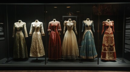 Fototapeta premium A collection of elegant vintage dresses displayed in a glass case, showcasing intricate designs and a variety of colors.