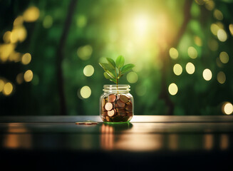 A small plant sprouts from a glass jar filled with coins, symbolizing growth and financial prosperity.  Sunlight streams from behind, illuminating the scene set against a blurred green background.