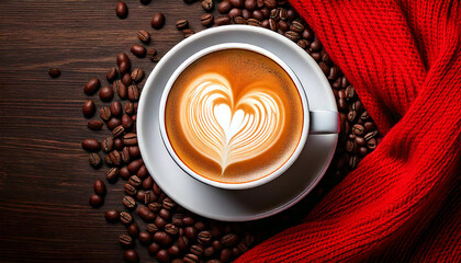 A top-down view of a cappuccino with a heart-shaped foam design, surrounded by coffee beans and a cozy red scarf.