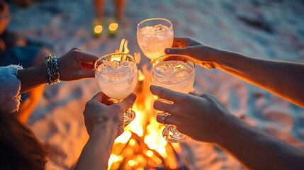 Group cheers with cocktail glasses over a bright bonfire during a nighttime beach gathering for.