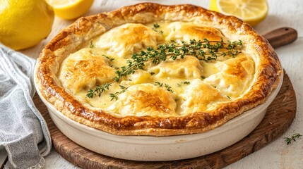 Delicious lemon thyme chicken pot pie with flaky crust and fresh herbs on rustic wooden surface