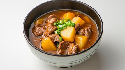 Savory Beef Stew with Potatoes and Green Onions in a Black Bowl