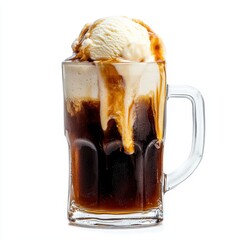 Refreshing Root Beer Float with Ice Cream in Clear Glass Mug on White Background