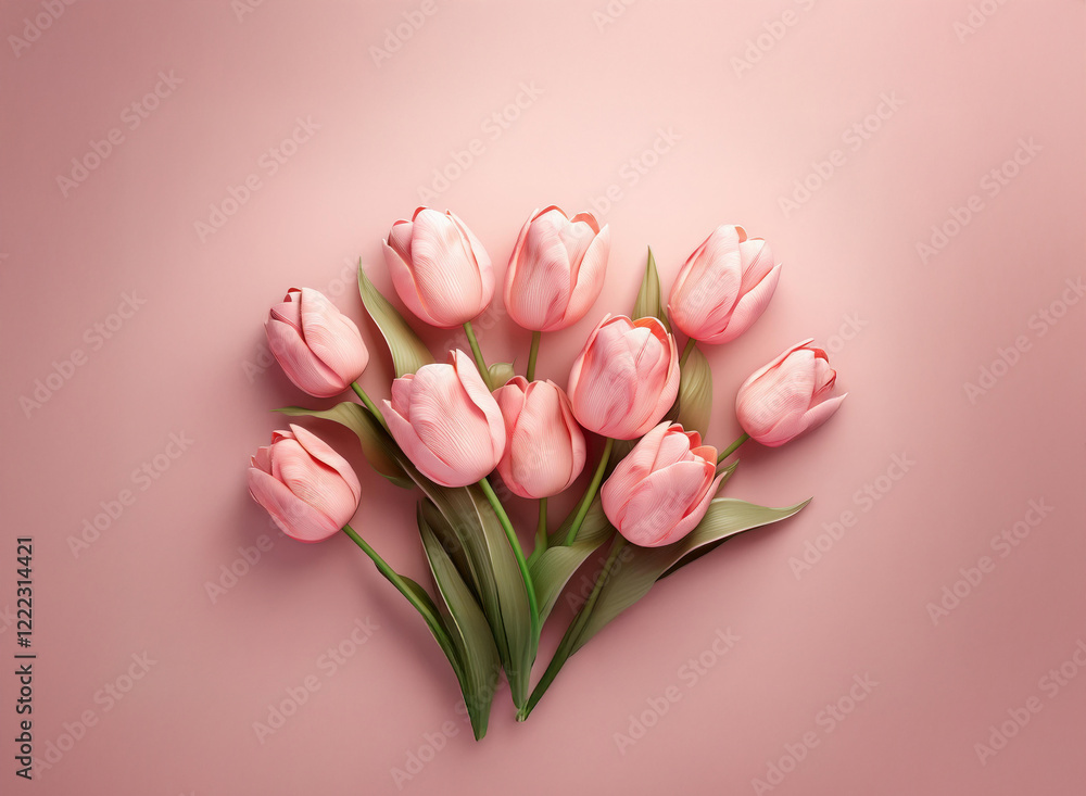 Poster a delicate bouquet of pale pink tulips arranged on a matching background. the soft lighting and smoo