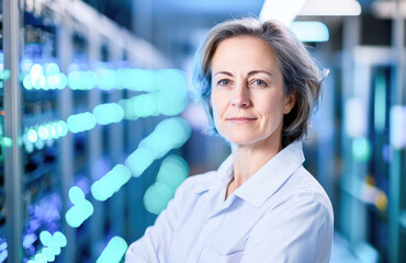 Senior woman IT technician stands confidently in a data center, surrounded by glowing server racks, symbolizing expertise and leadership in technology. 