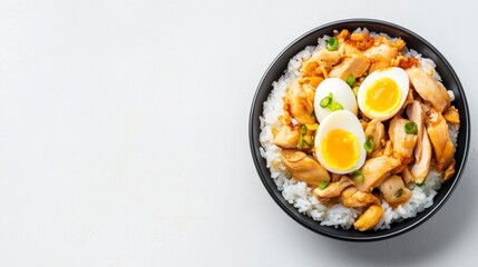 Delicious Chicken Rice Bowl with Soft Boiled Eggs and Garnish