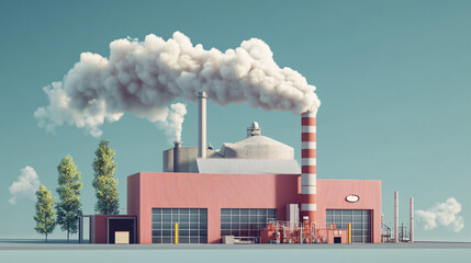 minimalist pink factory with a tall chimney emitting smoke against a teal sky surrounded by greenery  
