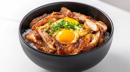 Fototapeta premium Delicious Chicken Rice Bowl with Soft-Cooked Eggs and Garnish