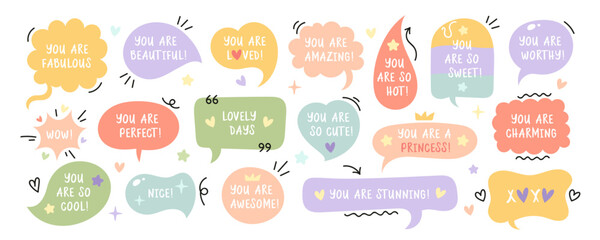 Collection of doodle speech bubbles with love quotes and compliments. Vector for romantic Valentines day projects. Isolated on white background.