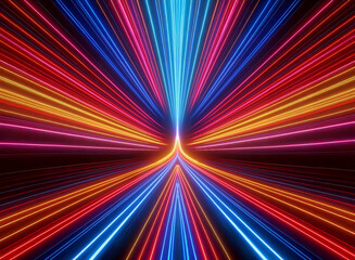Vibrant neon lines converge in a dazzling, symmetrical pattern, creating an illusion of speed and depth.  The colors radiate outward from a central point.