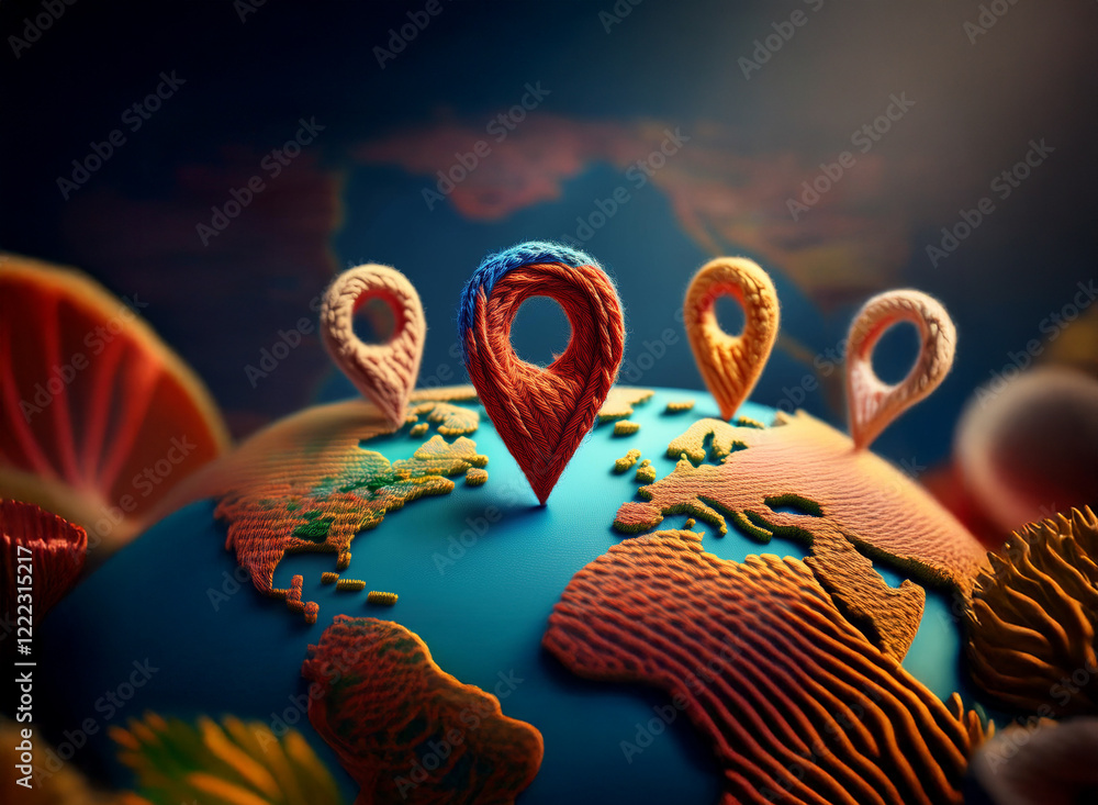 Poster stylized 3d render of a textured globe with three location markers, suggesting global connectivity a