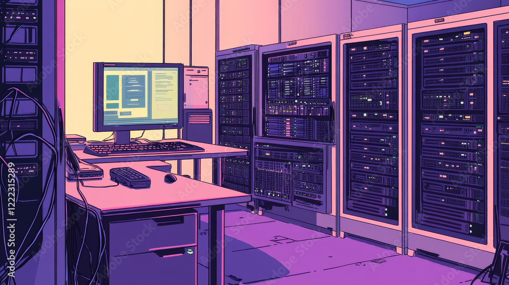 Poster data center room with server racks, computer monitors on desk and chair. vector cartoon interior of 