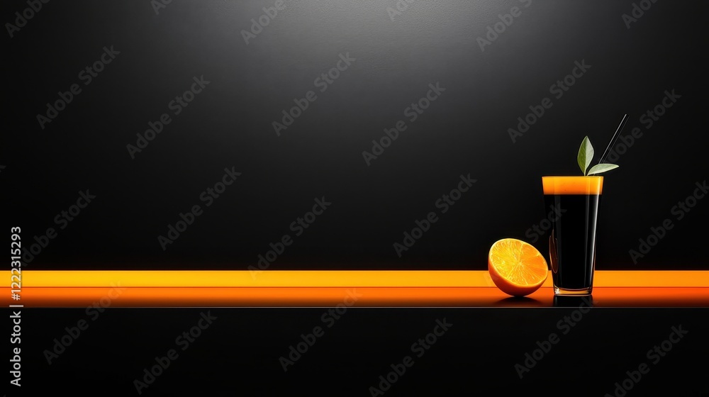Poster refreshing orange juice with garnish on dark background and sliced orange segment