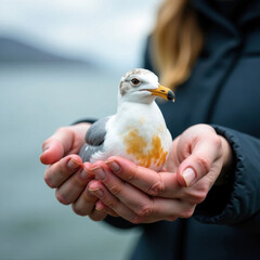 A woman in a jacket holds a seagull in her palms, a man saves a bird.