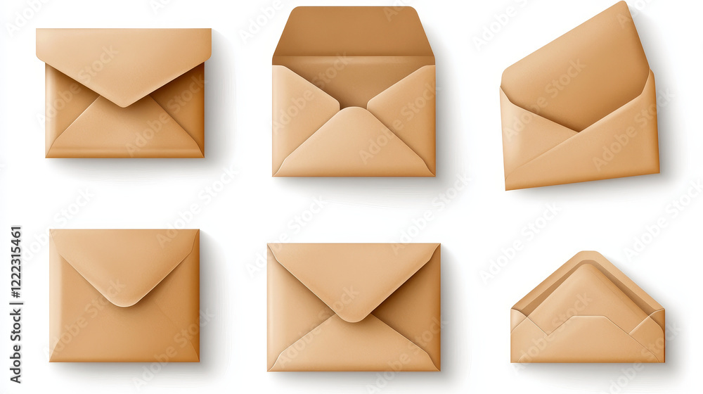Poster set of brown paper envelopes for mail document or message blank mockup 3d realistic vector illustrat