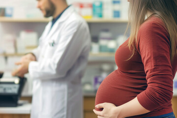 Obraz premium Pregnant woman asking pharmacist for assistance with medications and wellness