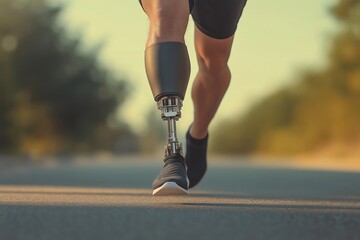 A runner with a prosthetic leg in motion on a sunlit road, emphasizing strength and determination