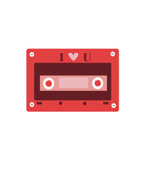Audio cassette with love songs. Portable music device. Vector illustration in flat style