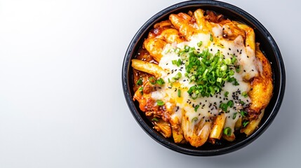 Delicious Cheese Topped Spicy Chicken and Noodle Dish in Bowl