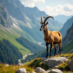 Fototapeta premium brown mountain landscape with apenninic chamois on rocky terrain, wildlife, mountain landscape, nature