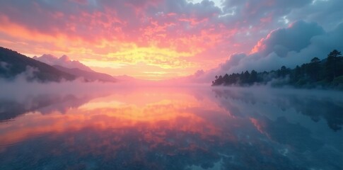 Clouds and mist above a saltwater lake at sunrise, misty, atmosphere, clouds