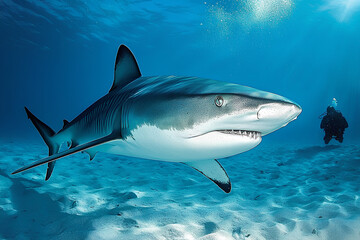 Fototapeta premium A tiger shark swimming in the waters of the Bahamas, capturing the awe-inspiring majesty and grace of the creature. This image reflects marine life and the exotic nature of the Bahamas