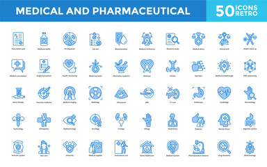 Medical and Pharmaceutical icon set with prescription pad, medicine bottle, pill dispenser, lab test, blood donation, medical conference, research study icon. Simple retro vector 

