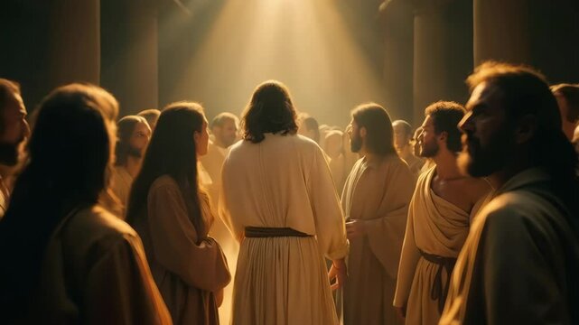 Jesus, subtly glowing, appearing amidst a group of astonished disciples in a dimly lit upper room. Bible stories. Easter resurrection holiday.