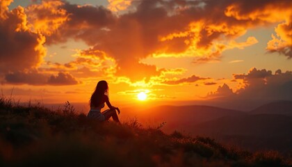 Obraz premium Silhouette of a female watching a vibrant sunset in nature