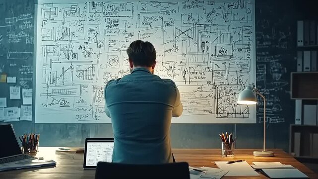 Person analyzing complex data on a wall chart