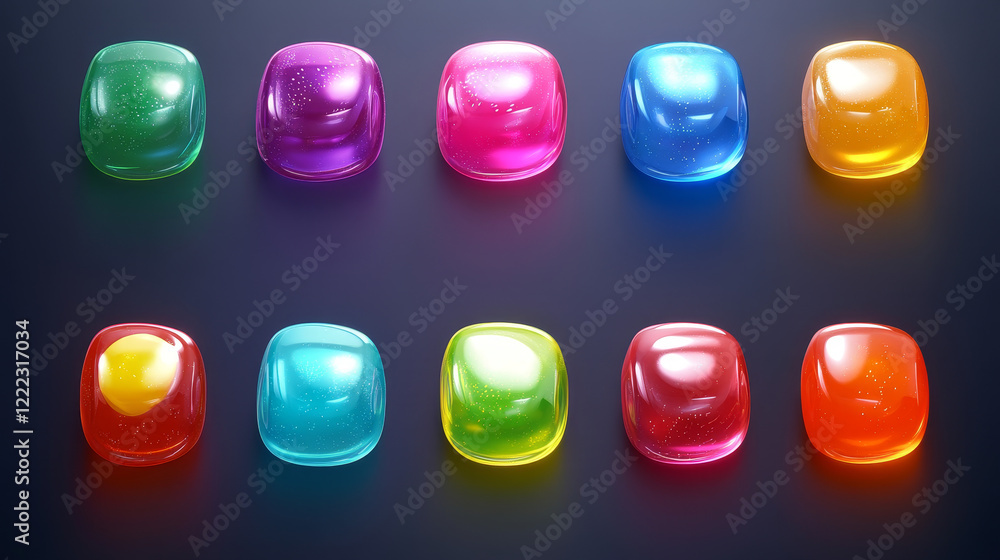 Poster jelly candies, game icons or ui buttons set. funny cartoon assets for app design. isolated colorful 