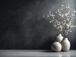 Contemporary Home Decor with Minimalist Vases on a Matte Black Wall, Wooden Flooring, and Natural Light, Perfect for Modern Interior Design Themes