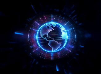Obraz premium A glowing digital globe, encircled by vibrant energy streams, symbolizes global connectivity and technological advancement. The dark background emphasizes the futuristic element.