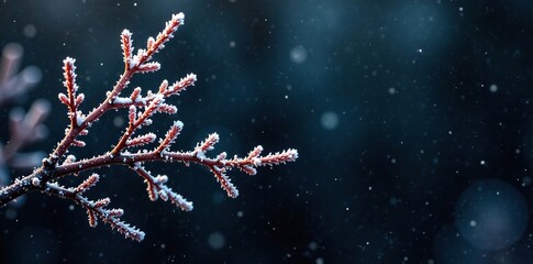 Frosty branches against a dark black background, dark, snowy