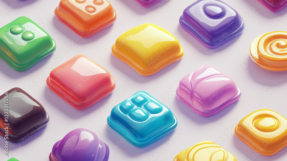 Poster jelly candies, game icons or ui buttons set. funny cartoon assets for app design. isolated colorful 