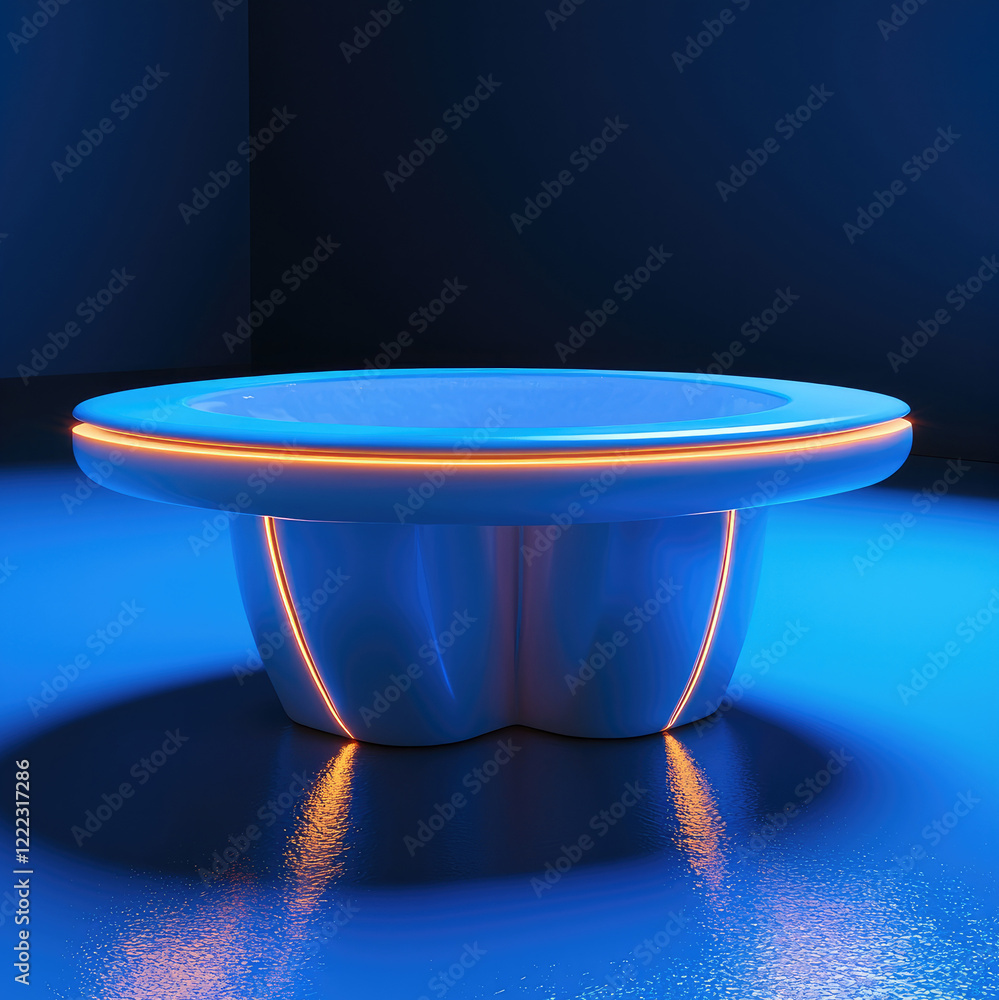 Poster an empty modern table lit by neon light.