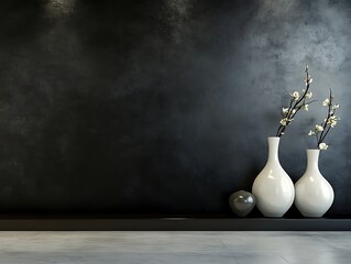 Contemporary Home Decor with Minimalist Vases on a Matte Black Wall, Wooden Flooring, and Natural Light, Perfect for Modern Interior Design Themes